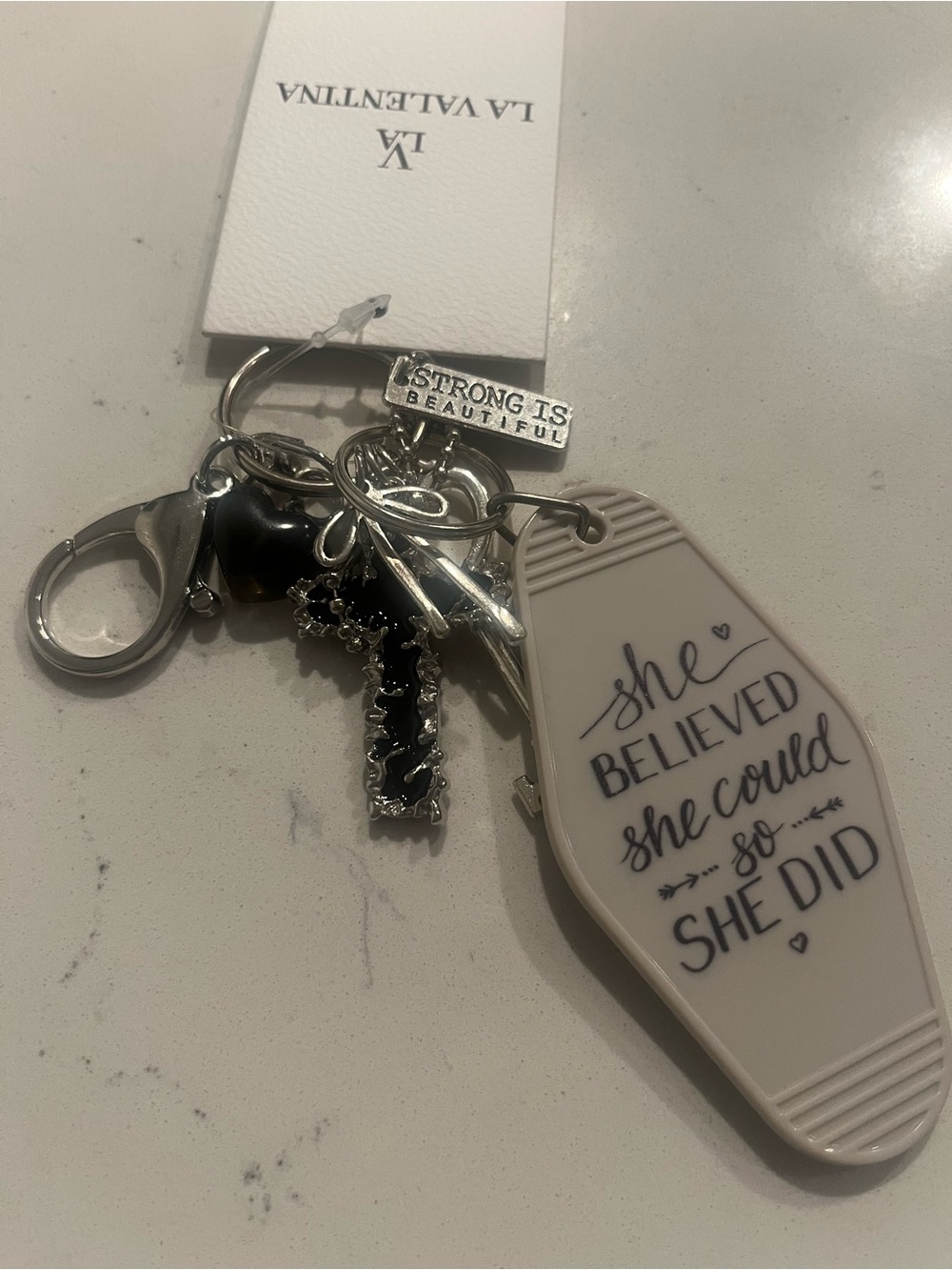 La Valentina White 'She Believed' Inspirational Keychain /Bag Charm NWT